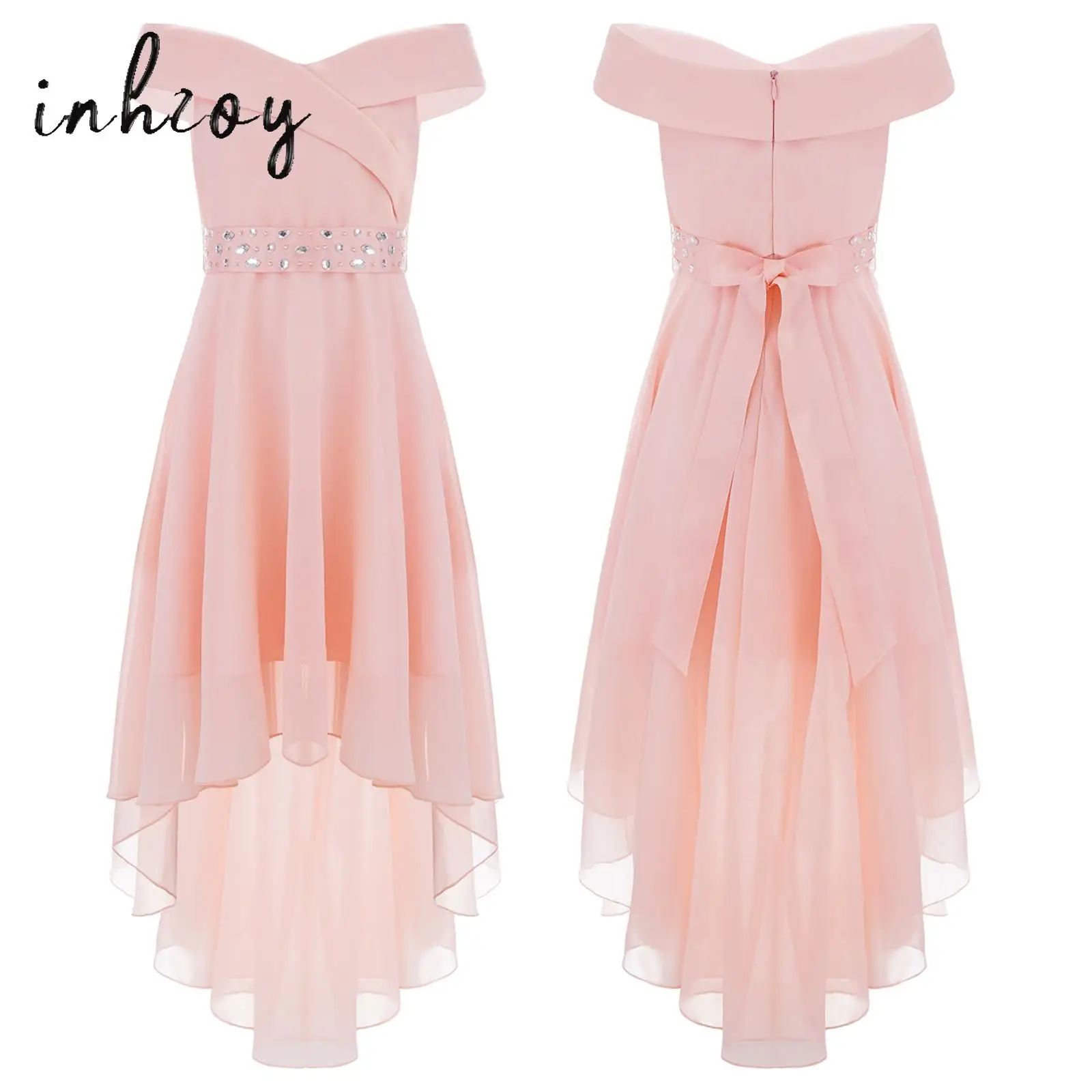 

Sweet Pink Junior Bridesmaid Dress Kids Girls Off Shoulder Sleeveless High-Low Chiffon Pageant Ball Gown for Wedding Party