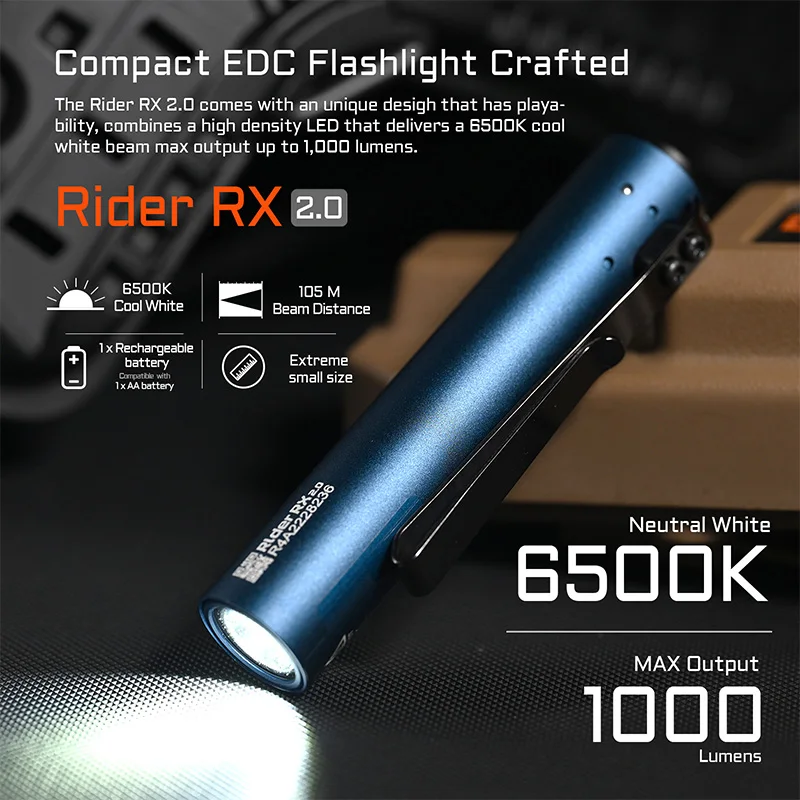 ACEBEAM 충전식 리튬 이온 배터리 14500 LED 손전등, RX 2.0, 1000lm, 6500k, 고휘도, 105m, EDC 손전등