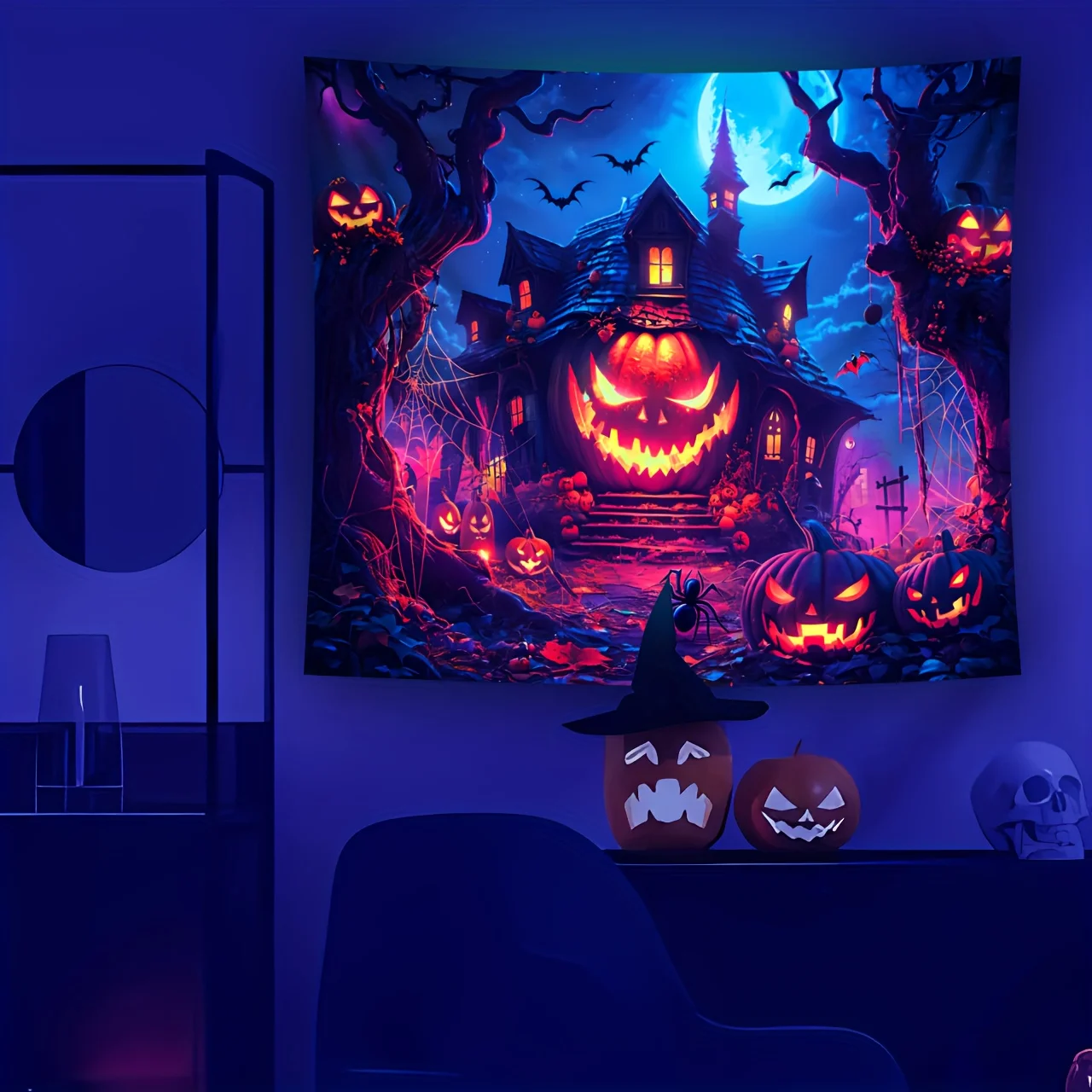 

VIKAMA Halloween Tapestry Haunted Castle, Jack-o'-Lantern Bats Spider Webs Escape Room Decor Theme Party Horror Theme