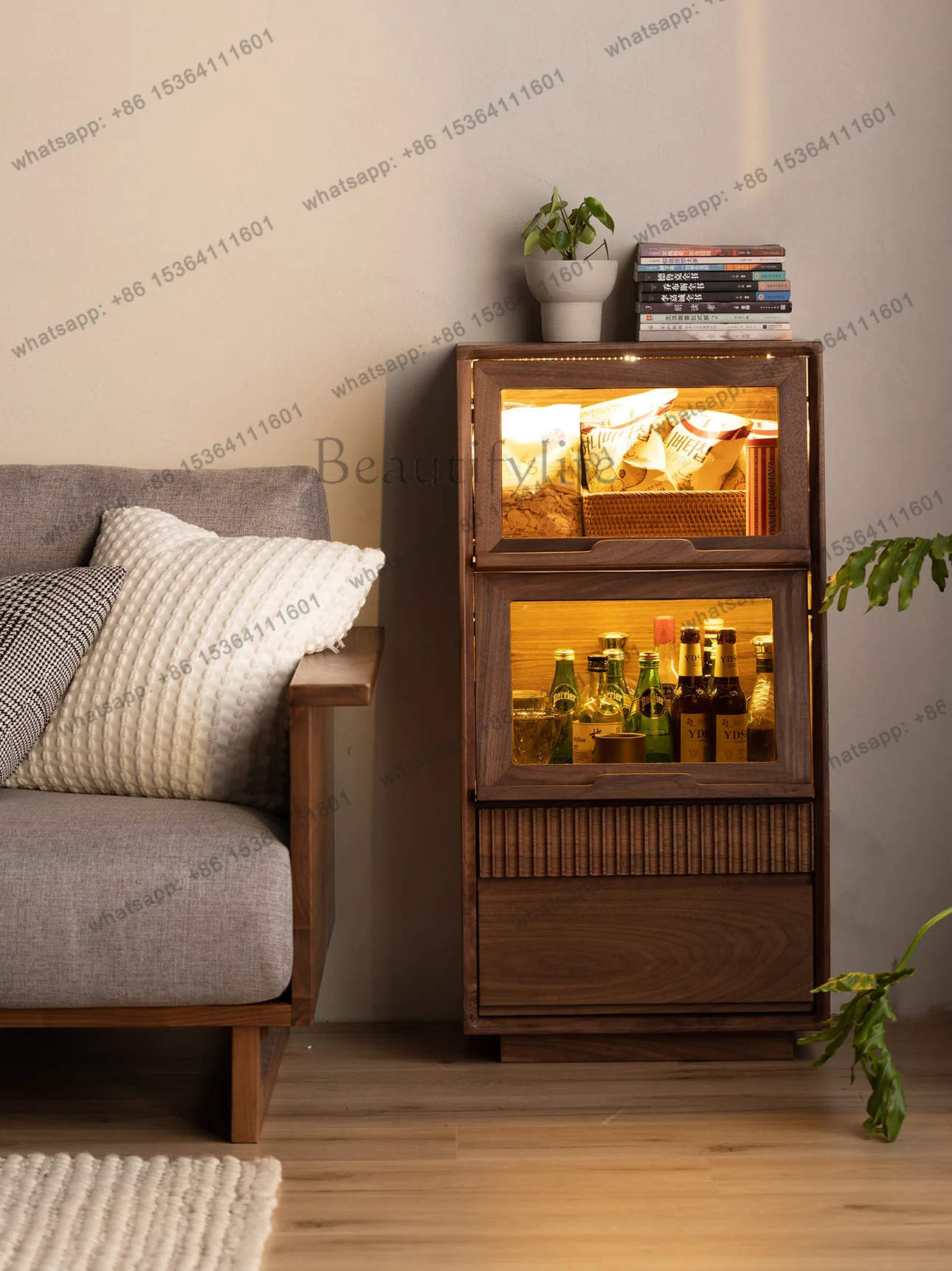 North American black walnut TV side cabinet living room solid wood stand cabinet flip glass door designer