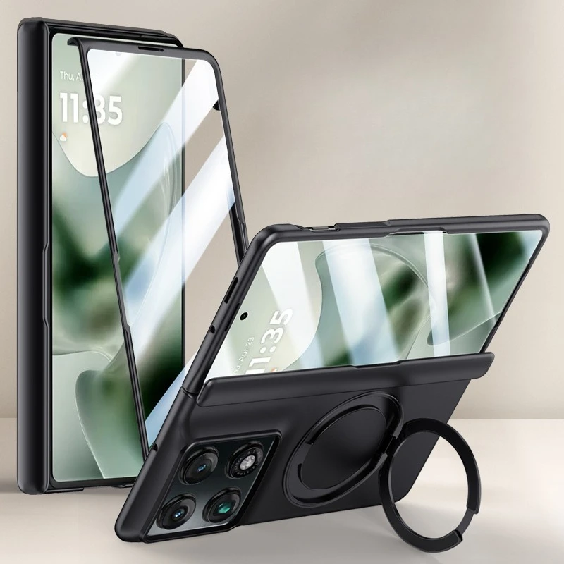 

For Motorola Moto Razr Fold Case Magnetic SKin Feel Hard PC Folding Hinge Ring Stand Full Protection Cover With Tempered Glass