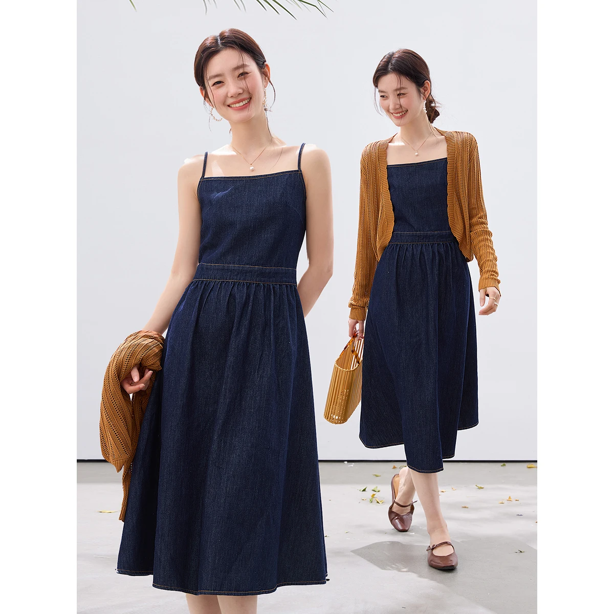 VIMLY Denim Dress 2 Piece Set Women 2026 Spring New Fashion Khaki