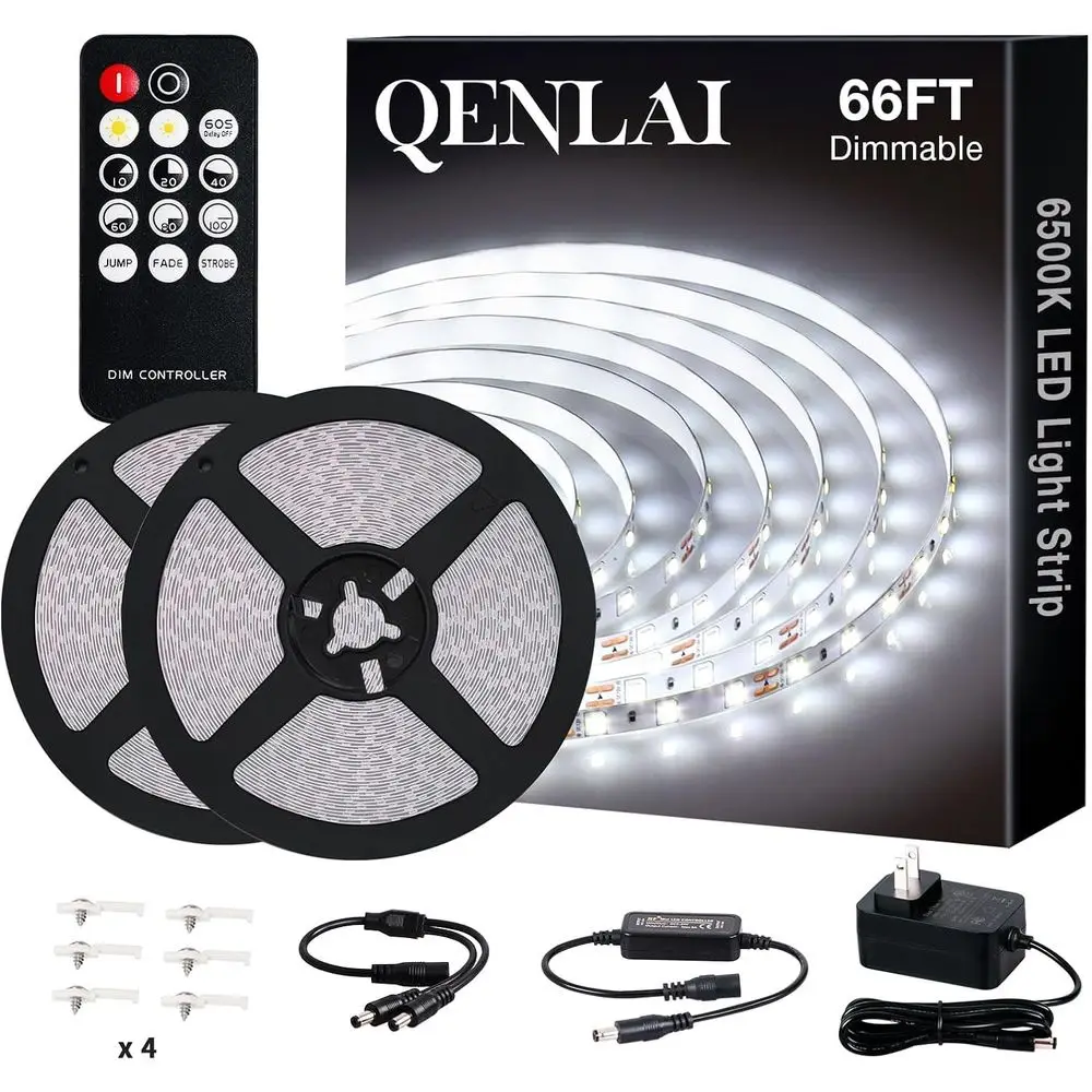

66t White LED Strip Lights, Upgraded 6500K Dimmable Tape Lights with Remote and Plug, 12V 1200 LEDs lexible Cuttable Led Light S