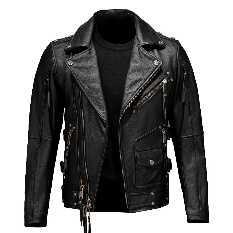 

Black Autumn Leather Jacket Men Punk Style Plus Size 6XL Natural Cowhide Slim Fit Motorcycle Genuine Leather Coat