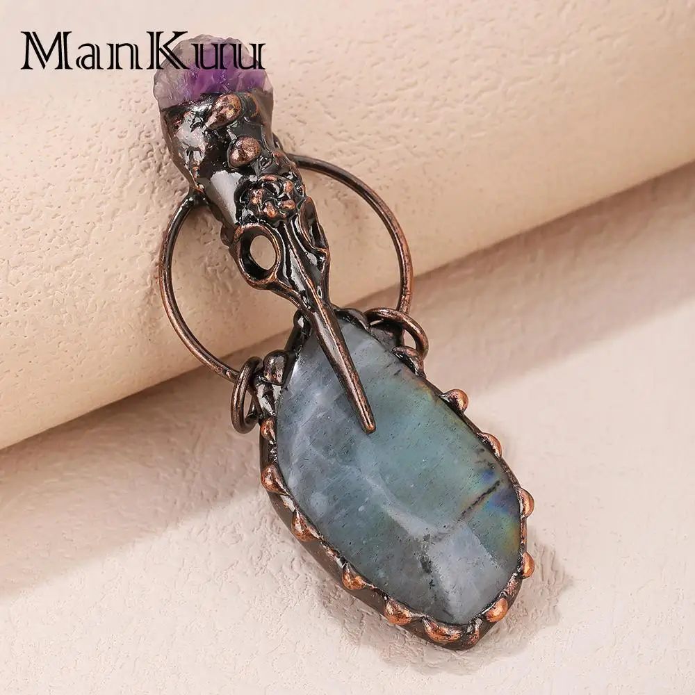 

mankuu vintage antique bronze plating natural labradorite with amethyst crystal gemstone crow head pendant charm necklace unisex