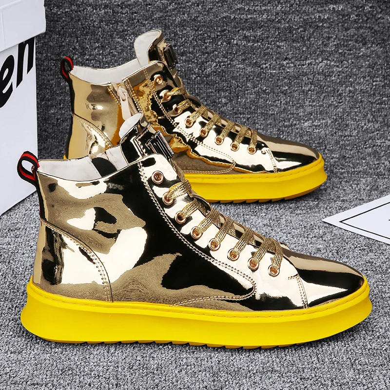

Men 2022 High Top New Shoes Leather Men's Sneakers Punk Ankle Boots for Men Motorcycle Boot Hook&Loop Gold Shoes Luxury Shoes