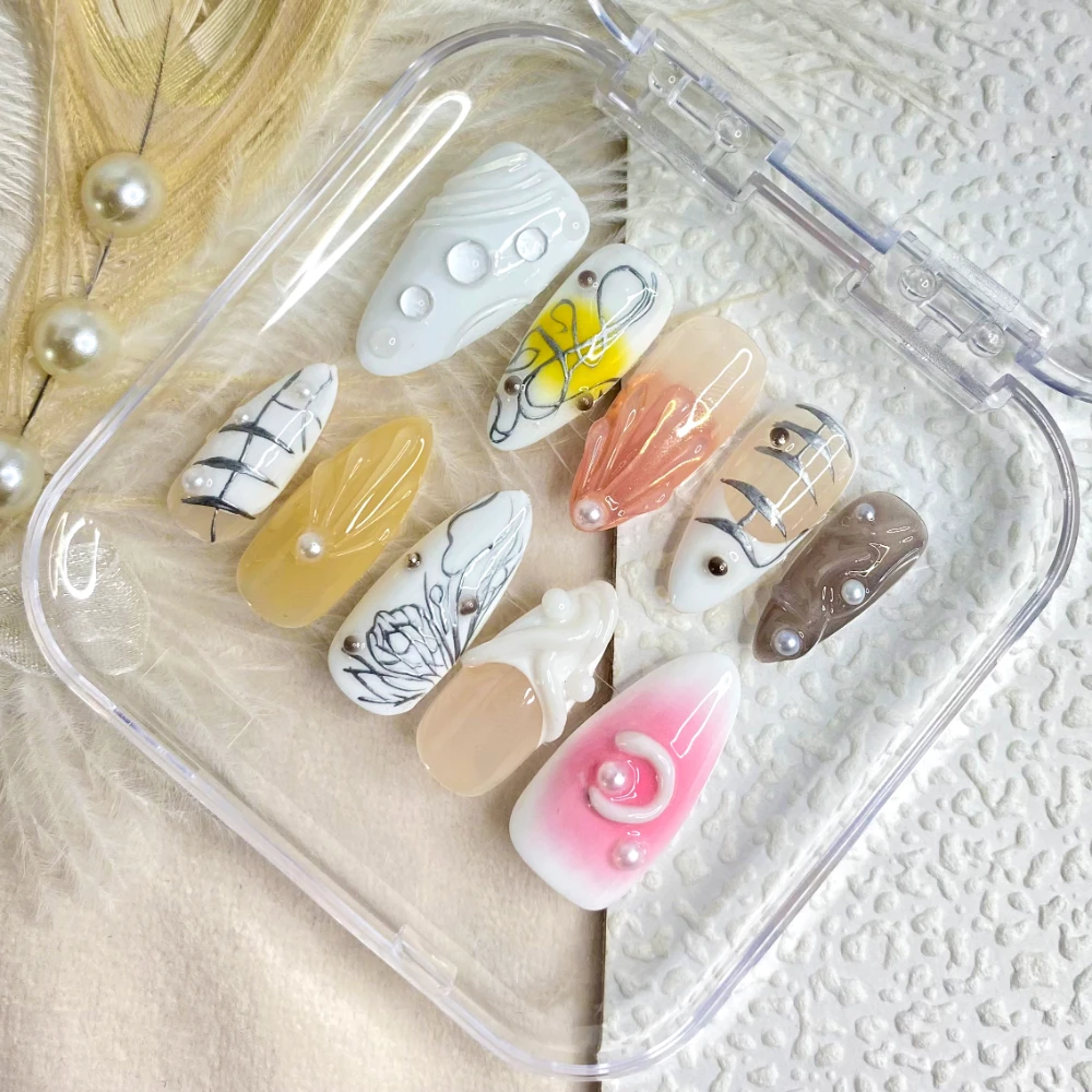 10 Pcs Handmade Manicure Medium Almond Fake Nails 2024 New 3D Limited Nails Press On Nails Design with Adhesive Nail File Set