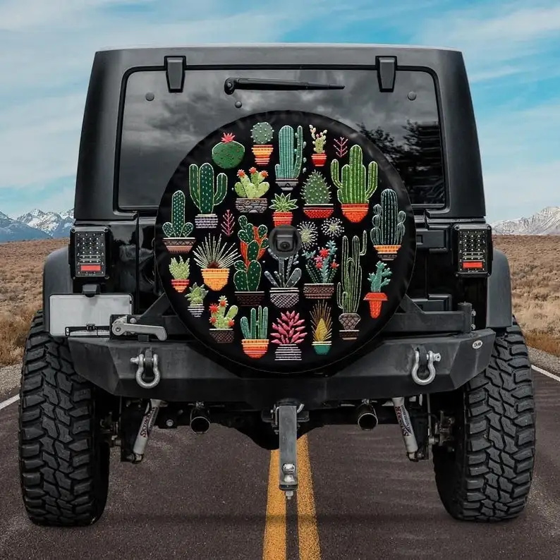 Faux Embroidery Cactus Spare Tire Cover, Botanical Tire Cover Succulent, Unique Spare Tire Covers Backup Camera Hole, Floral car