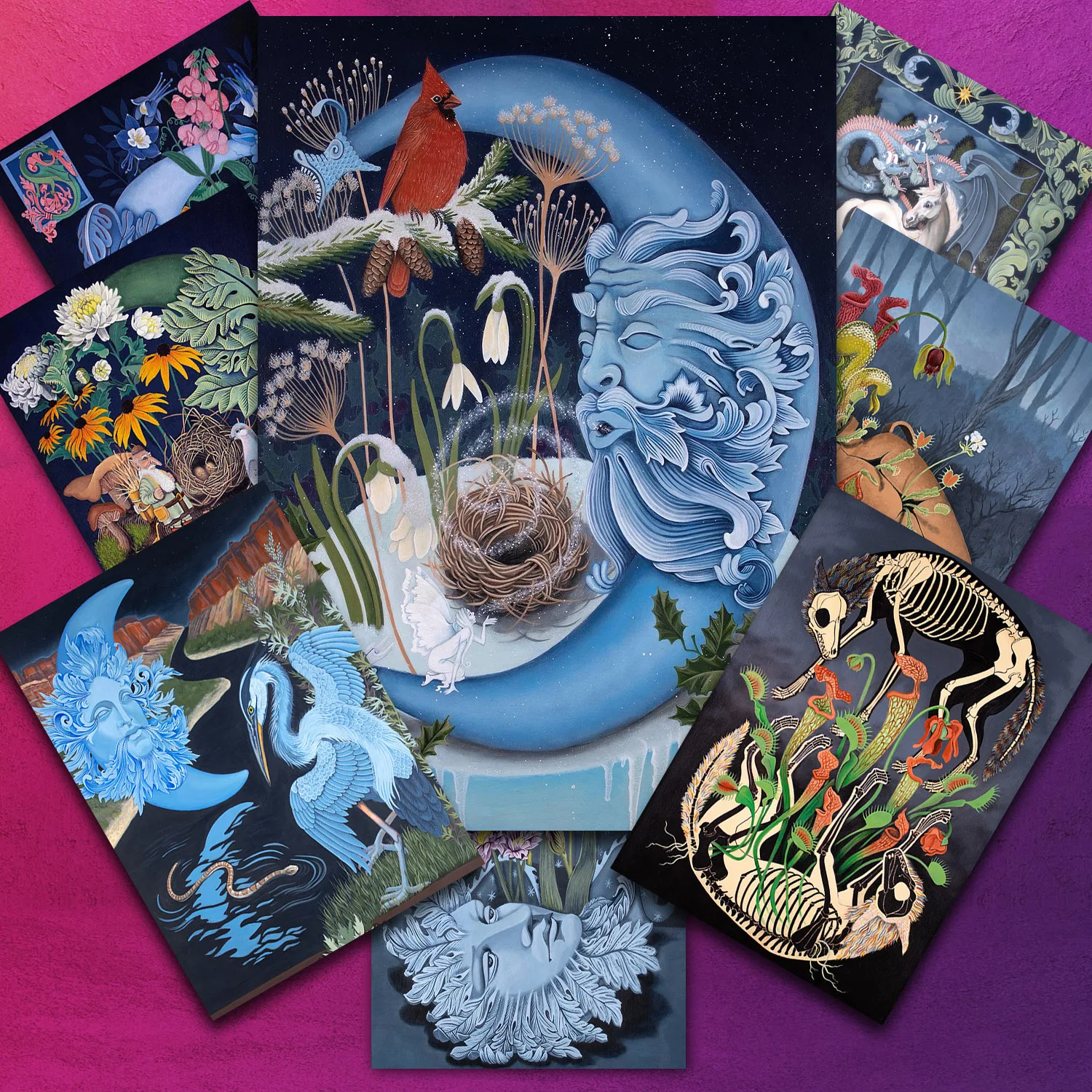 الربيع والشتاء القمر ، مجردة Natrue ماجيك ملصق فني وطباعة ، القمر السحر العبادة ، وثنية الرسم على لوحات القماش الجدارية ديكور