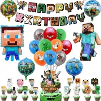 Minecrafte Balloons Pixel Game Ballons Happy Birthday Banner Party Decoration Disposable Tableware Cake Topper Supplies Keychain