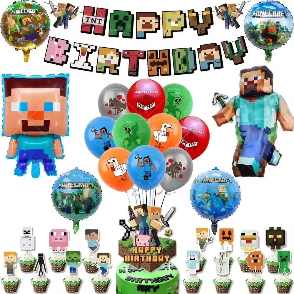 Minecrafte Balloons Pixel Game Ballons Happy Birthday Banner Party Decoration Disposable Tableware Cake Topper Supplies Keychain