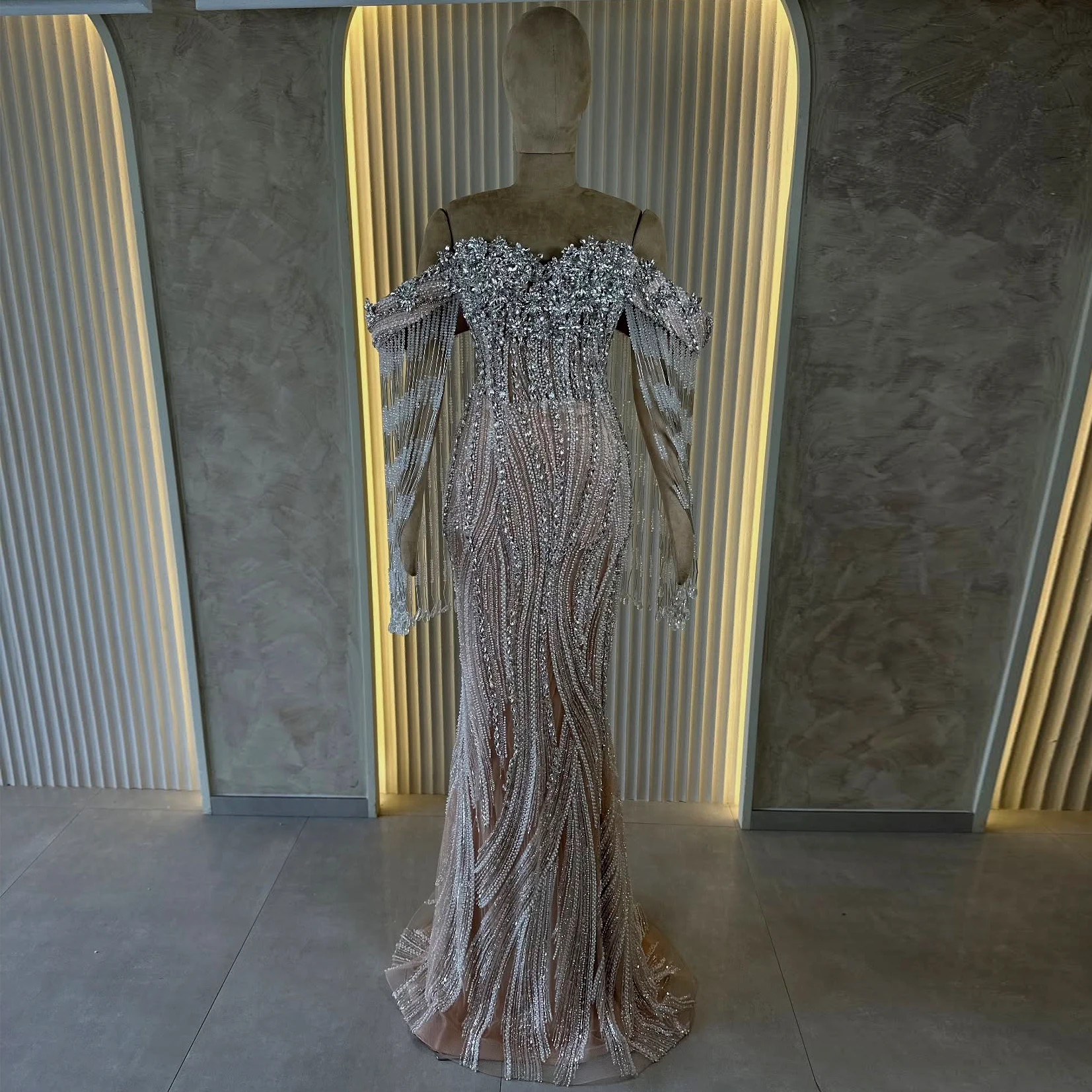 

Luxury Champagne Off Shoulder Mermaid Party Dress Beaded Tassel Heavy Crystal Evening Dress Engagement Party Dress Customized