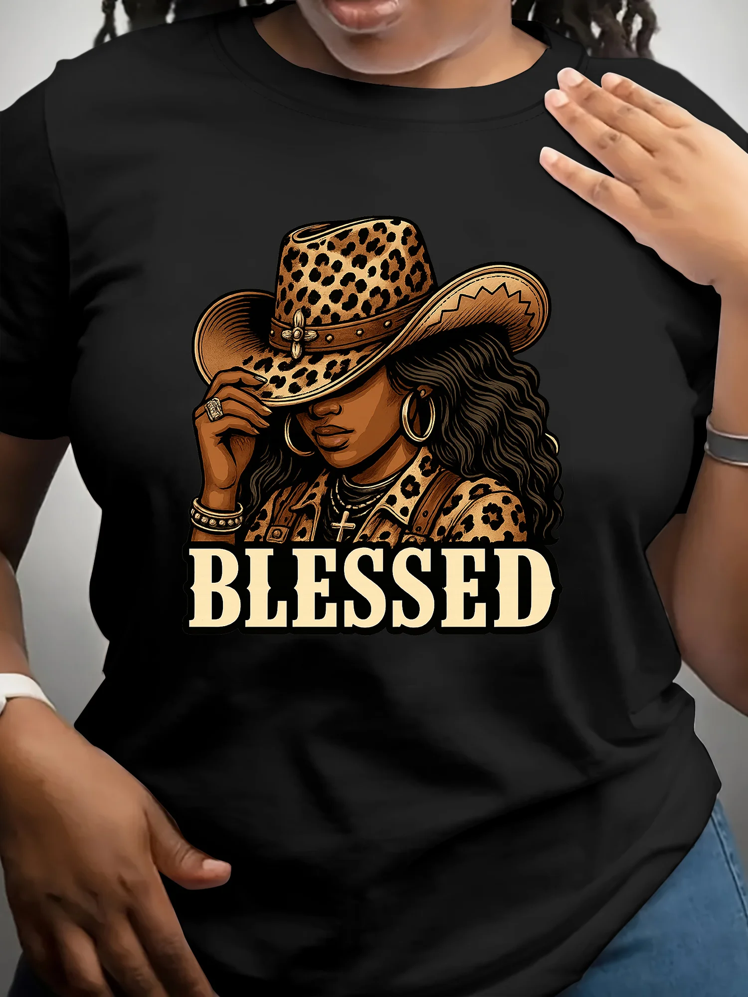 

Blessed Black Cowgirl Western Swag African Leopard Christian T-Shirt Fashion Tshirt Round Neck Short Sleeve