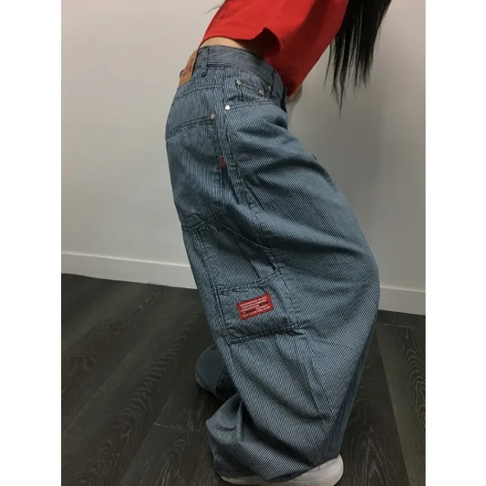 

Blue Workwear Style High Waist Wide Leg Jeans Vertical Stripes Side Bag Design Casual Cotton Denim Pants for Women