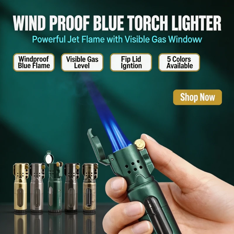 Adjustable Flame JOBON Smoking Gadget, Triple Blue Flame, Wheel Ignition, Transparent Visible Gas Chamber Metal Lighter