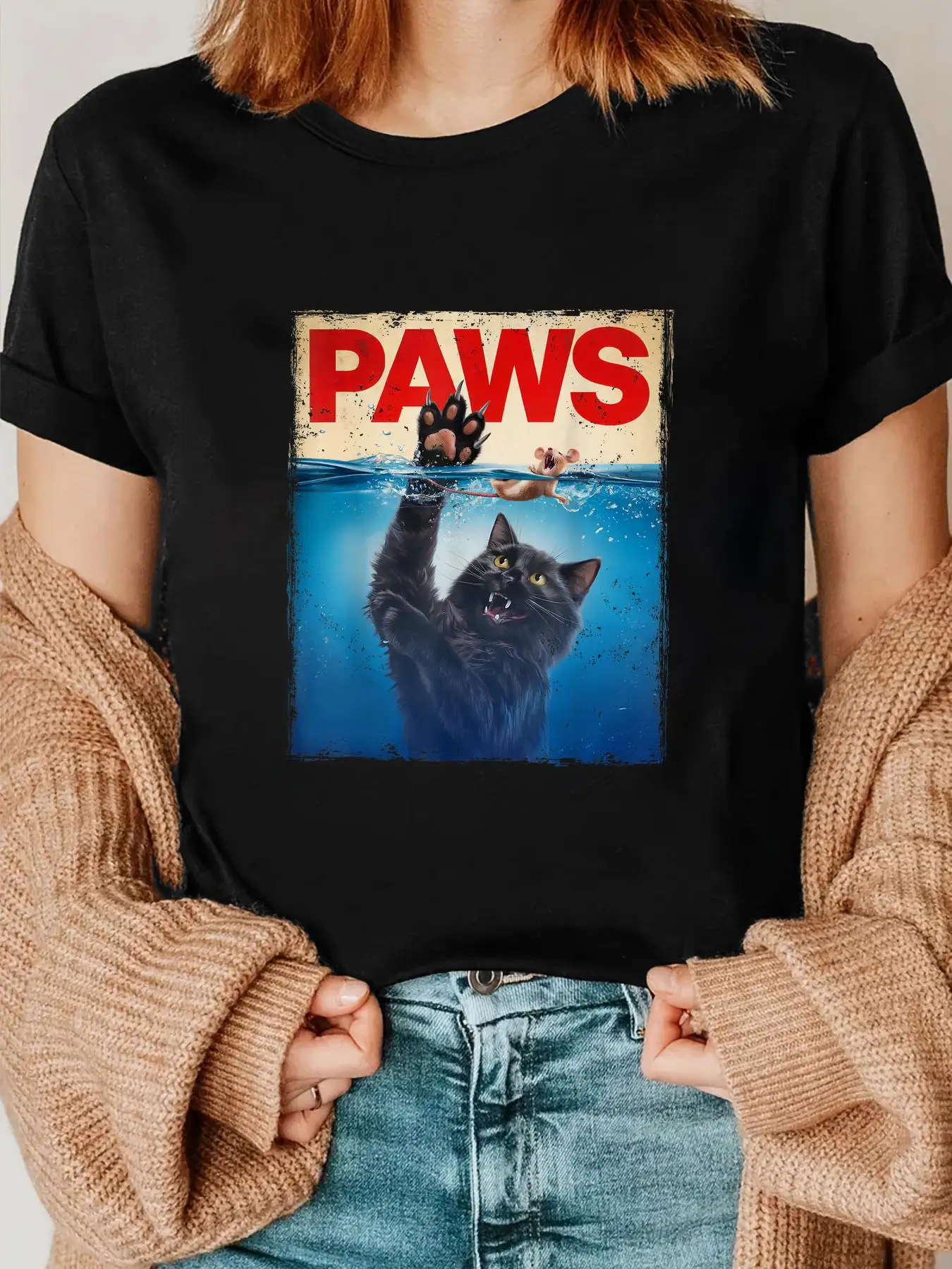 Paws Parody Black Cat Chasing a Cute Scared Mouse Top Kitten T-Shirt