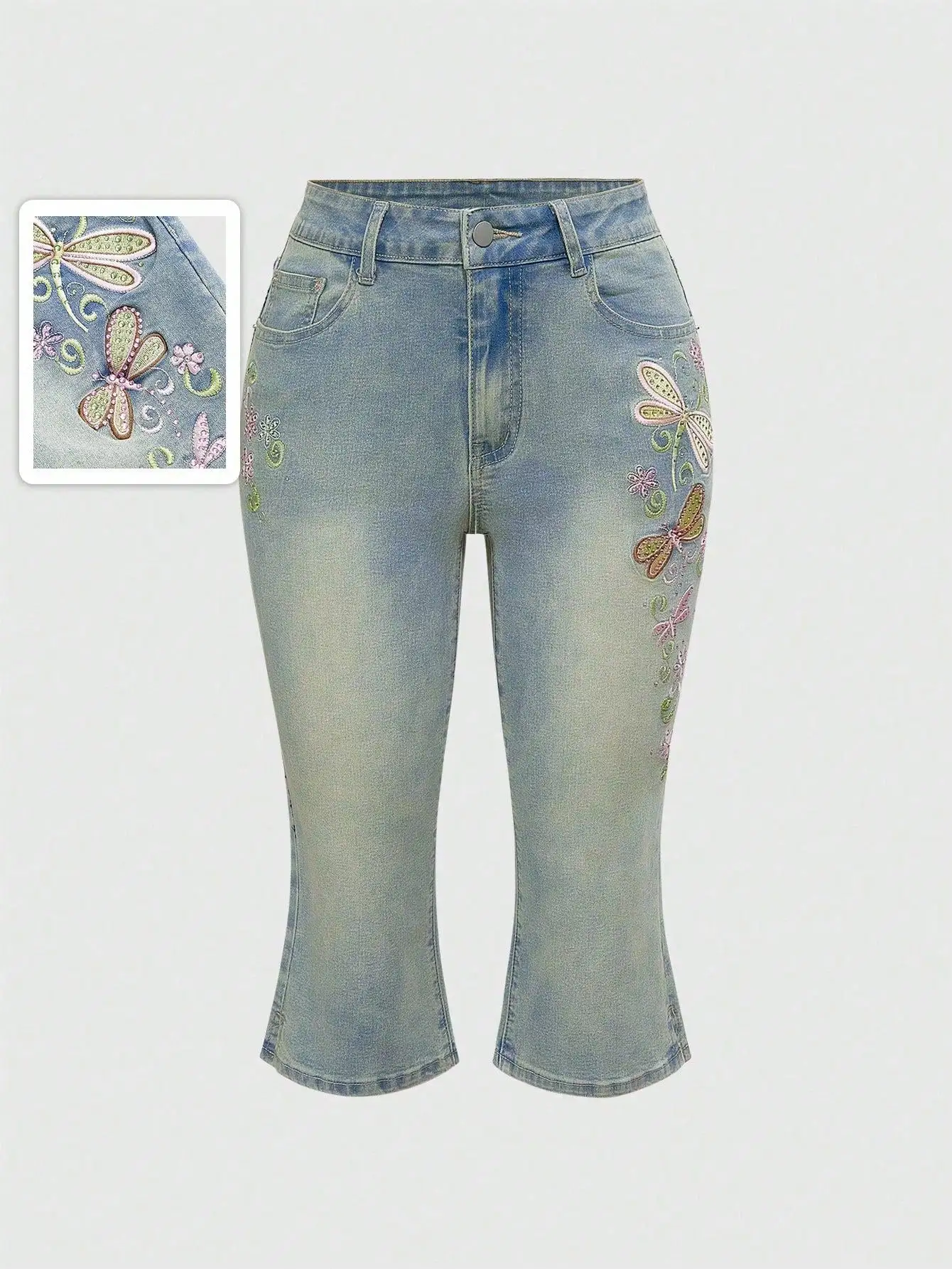 

Y2K Fairycore Dragonfly Embroidery Capri Jeans, Low Waist, Summer Retro Style
