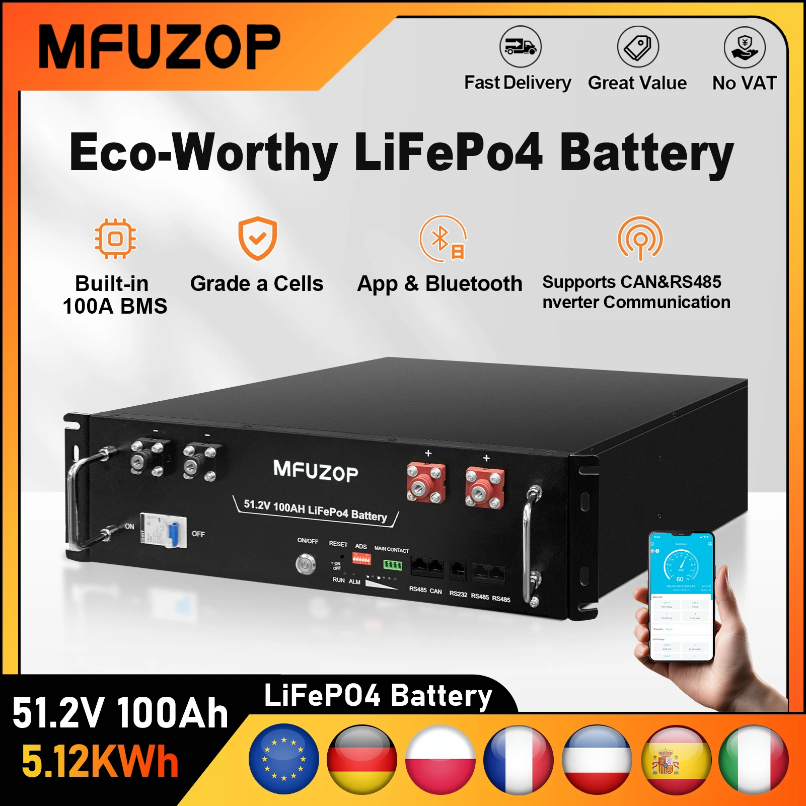 MFUZOP 48V 100Ah LiFePO4 Battery 51.2V 5.12KWH 6000+ Cycle RS485/CAN Support Up To 15 For Parallel Use Grade A Eu Store Not Vat