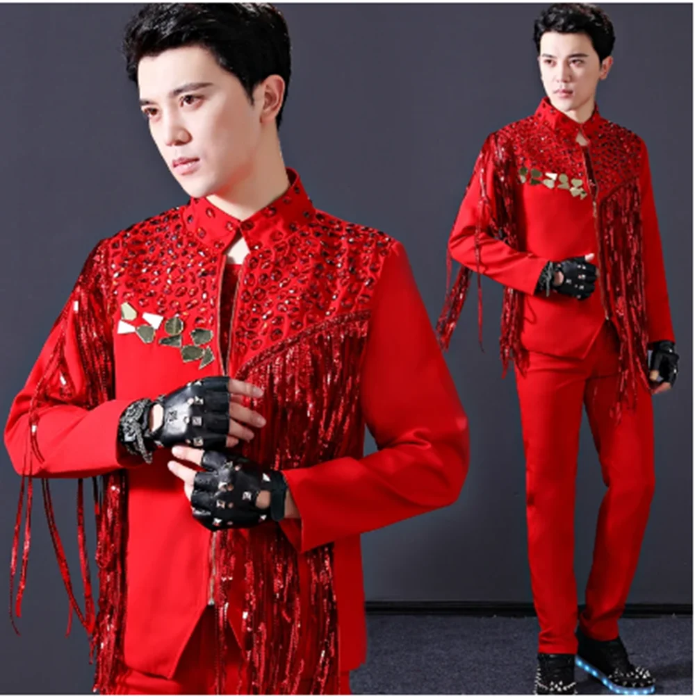 

Red Jacket Singer Stage Costume Rhinstone Fringe Blazer Male Punk Rock Jacket Nightclub Gogo Show Dancer Rave Clothing