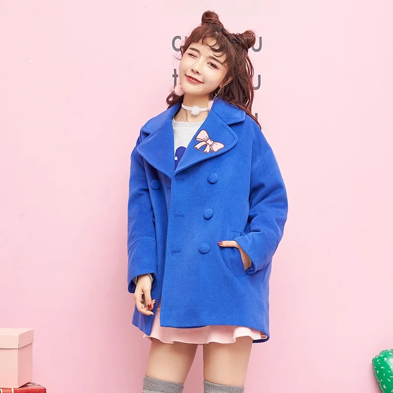

Warm Blue Woolen Coat for Women with Embroidery Patchwork Bowknot Winter Faion Sweet Sle Venice Brand Casual Travel