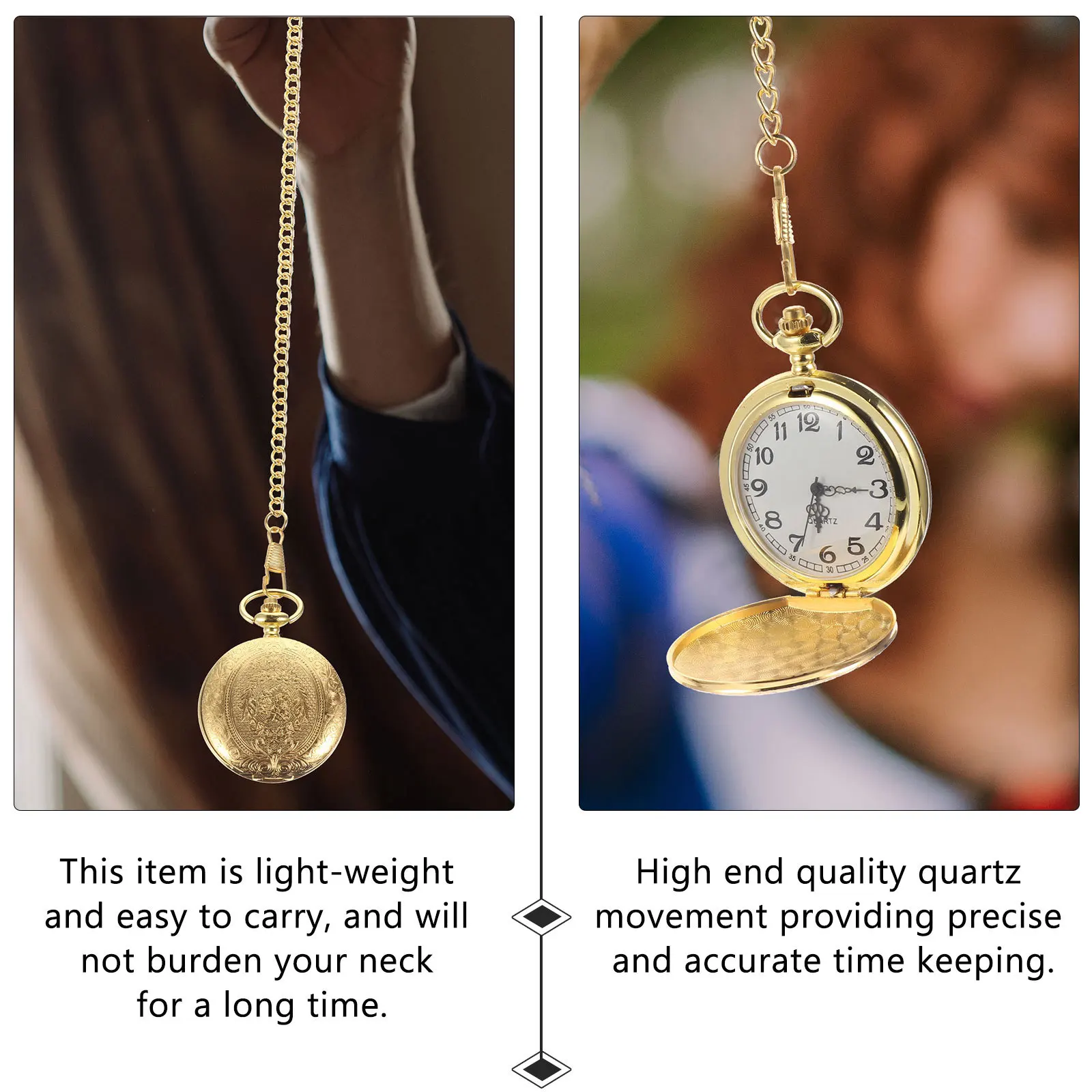 Pocket Watch Necklace Alloy Carved Design Golden Color Hanging Watch Quartz Movement Light Weight Gift