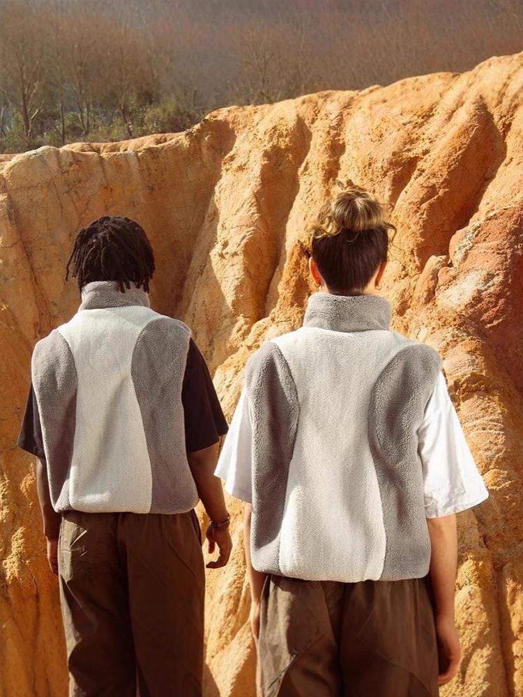 

Модная верхняя одежда в стиле пэчворк на молнии без рукавов, шерстяная мужская уличная одежда, модный жилет, куртка, винтажная водолазка, мужские флисовые жилеты