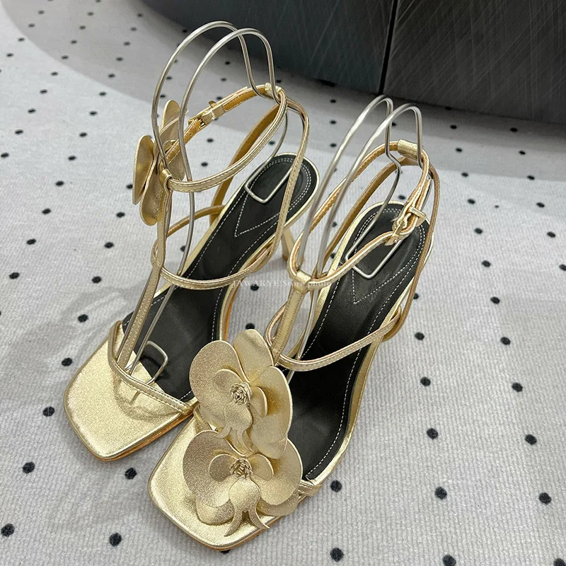 

Luxury Flowers Gold High Heel Sandals Women Open Toe Leather Dress Shoes Summer Runway Sexy Party Shoes Woman Banquet Sandals