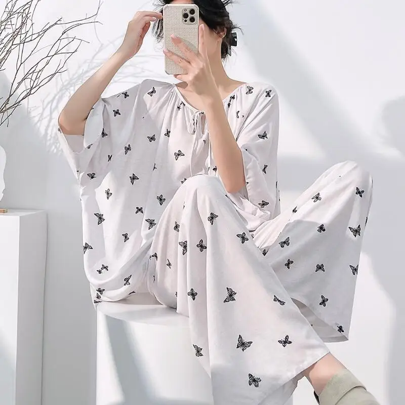 Hot 2026 Spring Summer New Women Cool Comfort Sleepwear Set Fashion Printed Loose Wide Leg Pants Large Home Clothes Two Pieceset view 5