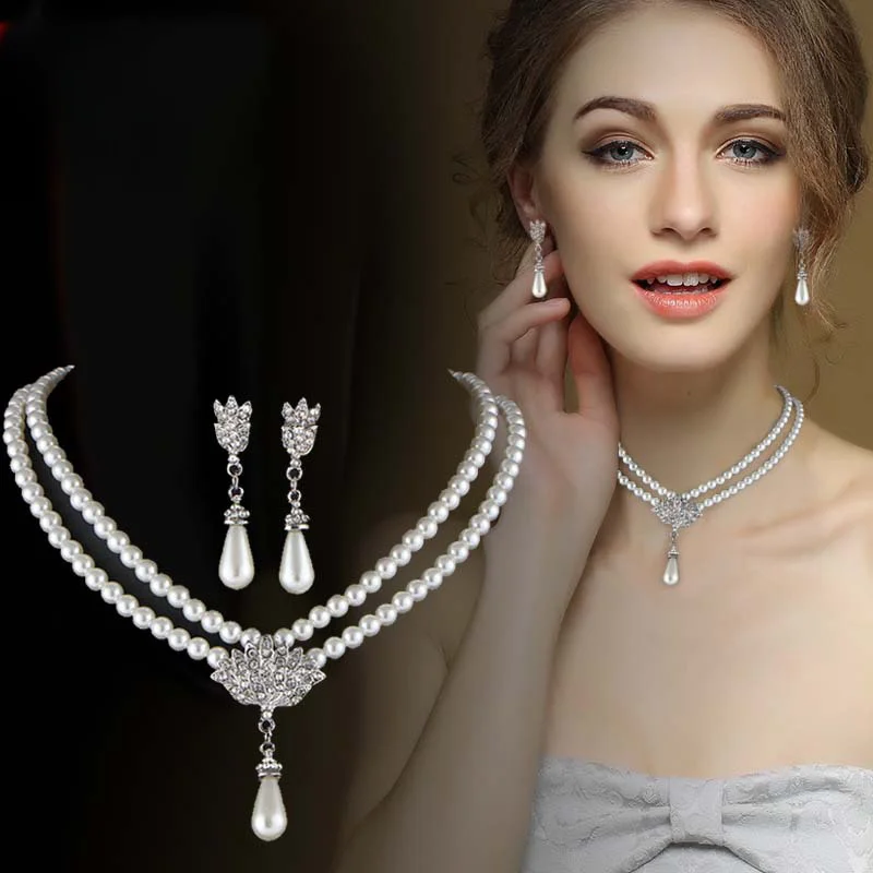 

Elegant Rhinestone Pearl Drop Necklace Earrings Bridal Wedding Jewelry Sets for Women Gifts Multilayer Flower Necklaces collares