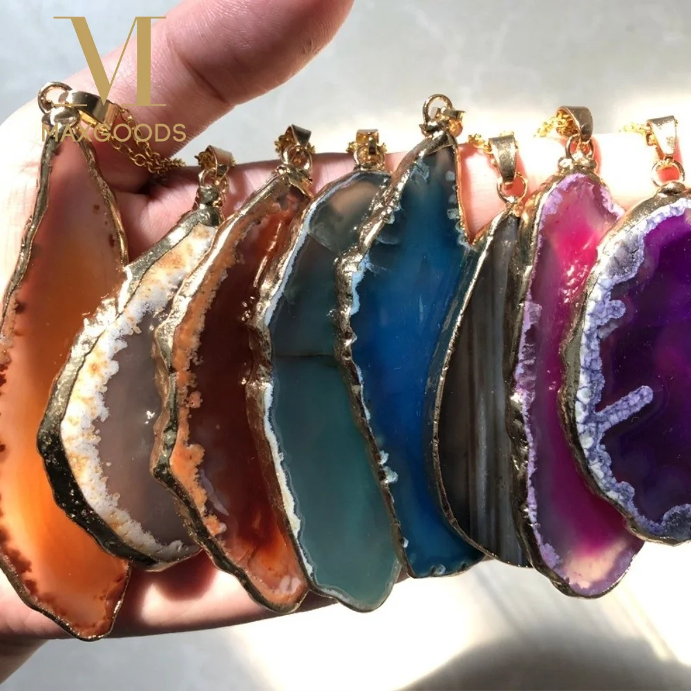 60*40mm Irregular Agate Geode Handmade Necklace Polished Crystal Slice Plated Gold Edged DIY Jewelry Making Agate Wind Chime