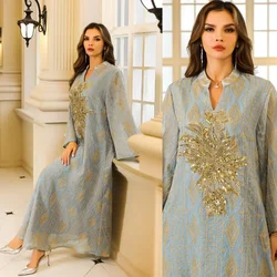 Muslim Middle East Women's Robe Standing Neck Line Embroidery Sequins Banquet Dress Temperament Elegant Female Trendy Long Robes