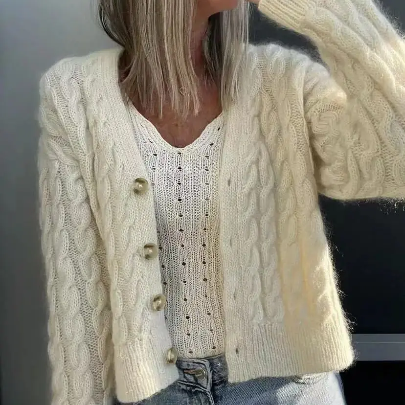 Hot selling fashionable versatile Fried Dough Twists small fresh long sleeve cardigan V-neck mohair knitting sweater handmade