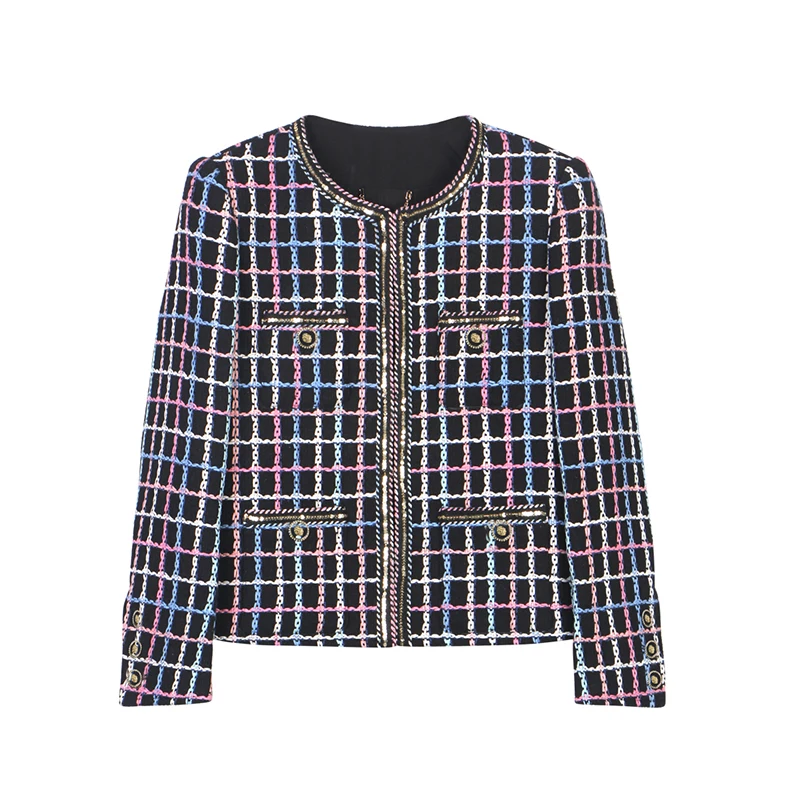 

New fashionable and elegant color striped plaid small fragrance jacket celebrity braided tweed jacket top