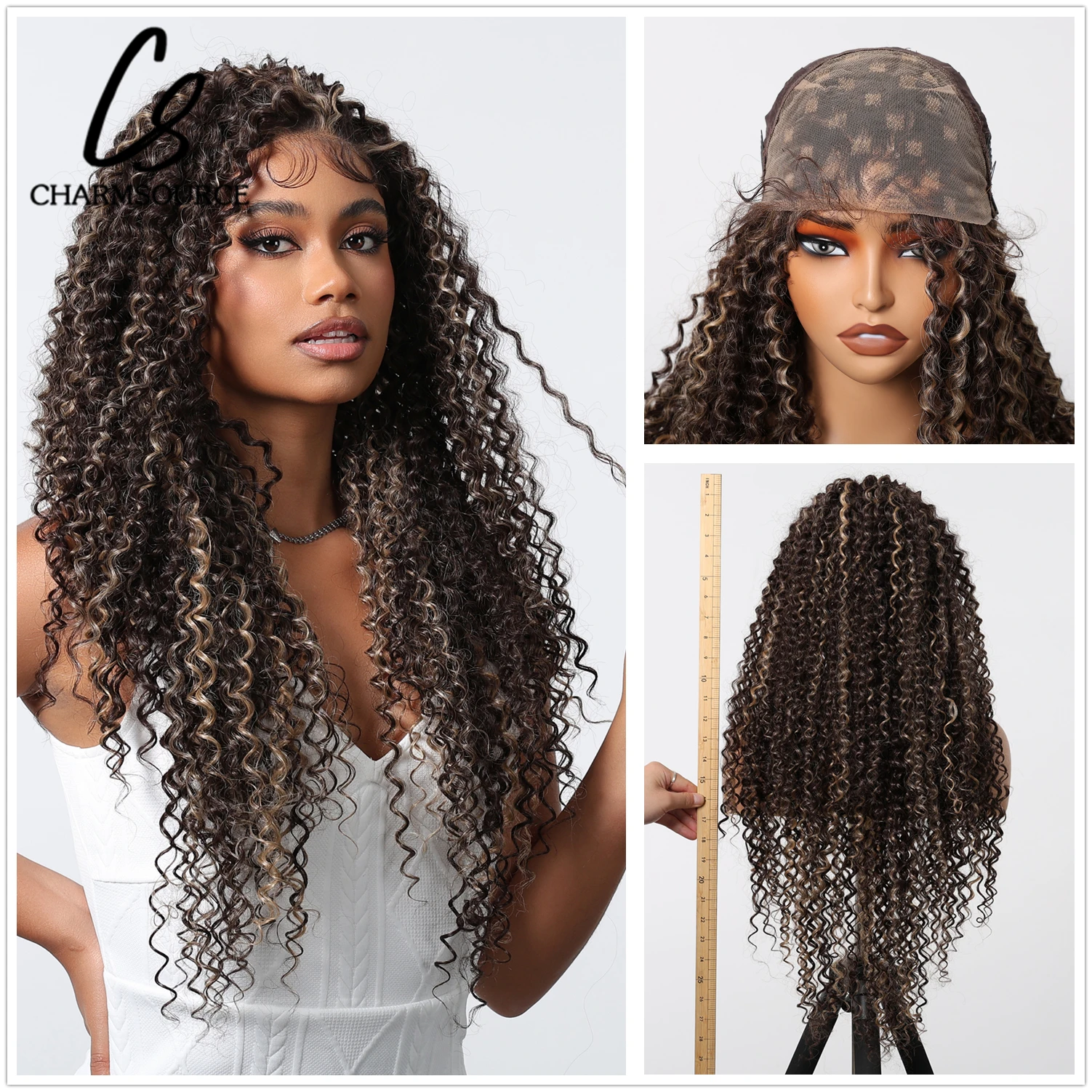 CharmSource Long13x6 Lace Synthetic Wigs Dark Brown Highlight Curly Wig for Black Women Natural High Density Daily Use