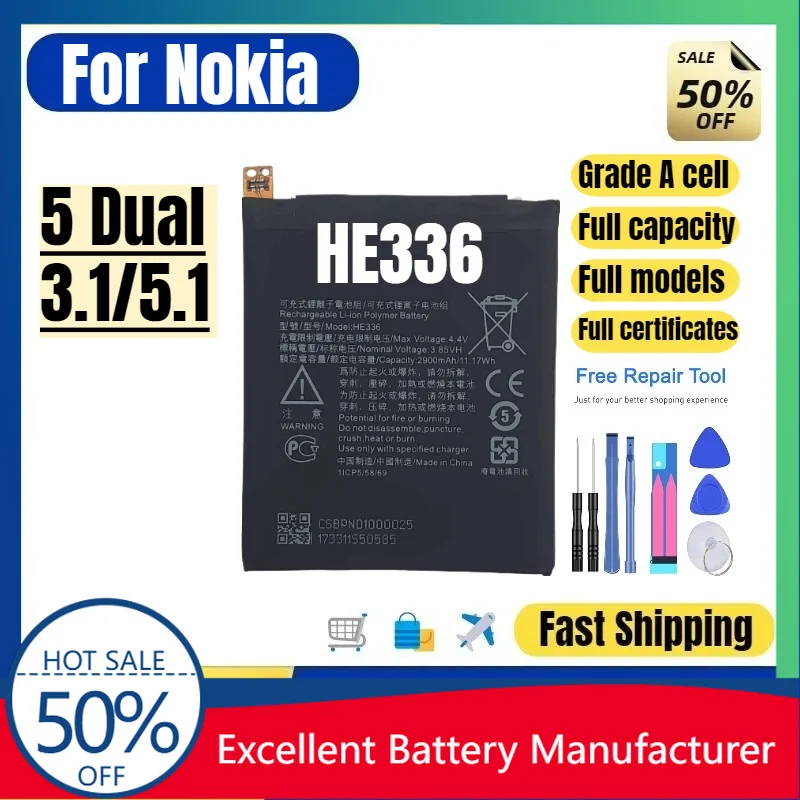 0 Cycle HE336 Battery for Nokia 5 3.1 5.1 TA-1024 Phone High Quality High Capacity Replacement Lithium Polymer Bateria & Tools