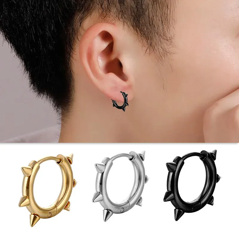 1 par de pendientes de aro con bisagras Huggie circulares de punta de acero inoxidable para hombres y mujeres, pendientes de aro de cono triangular gótico Rock Hiphop