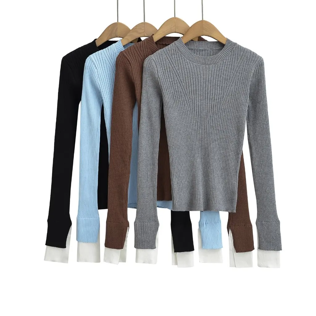 

Women's Long-Sleeved Sweater Slim Fit round Neck Contrast Color Stitching Cuff New Design Top for Hot Girls