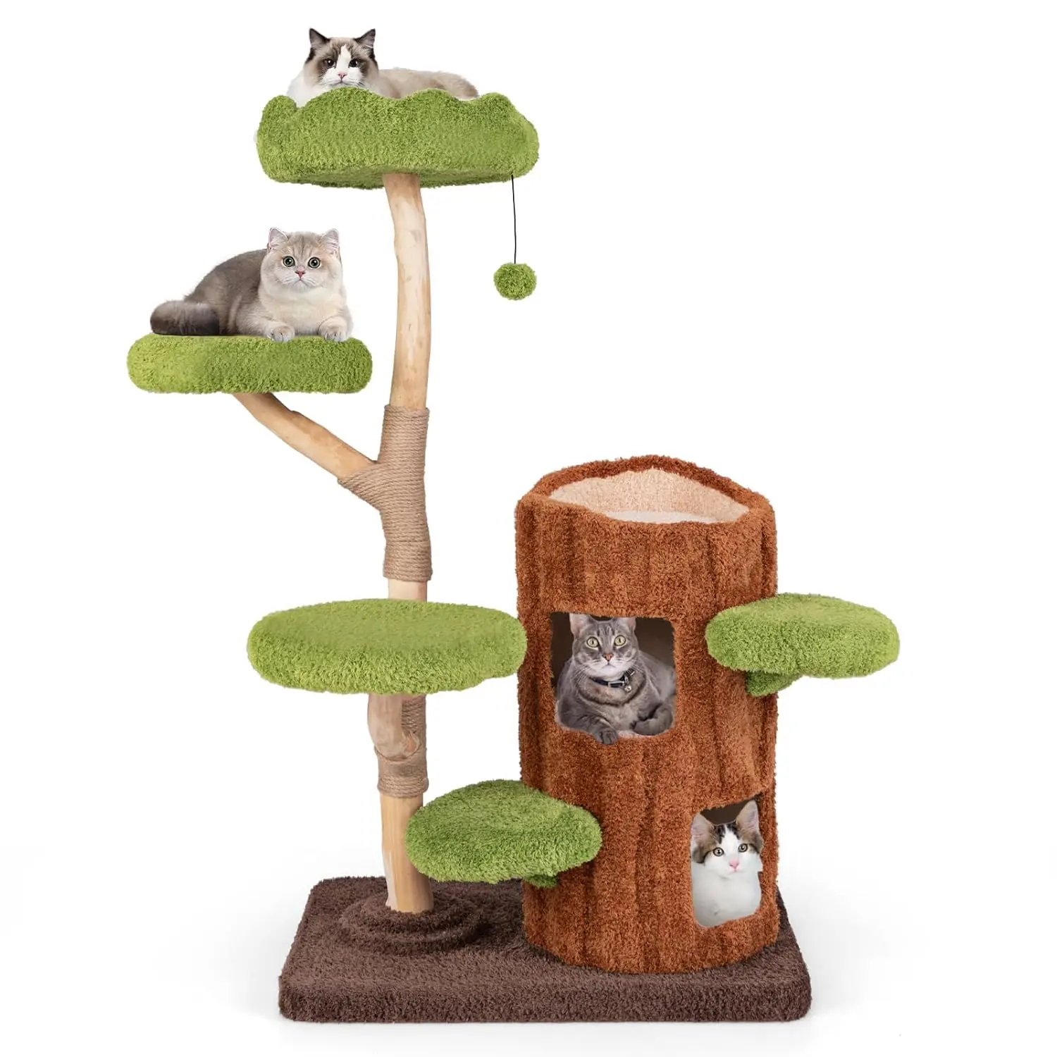 

Solid Wood Cat Tree, Cute Cat Tower with Scratching Posts, 2-Tier Tree Hole Cat Condo, Wood Branches, Sisal Panel, Customized