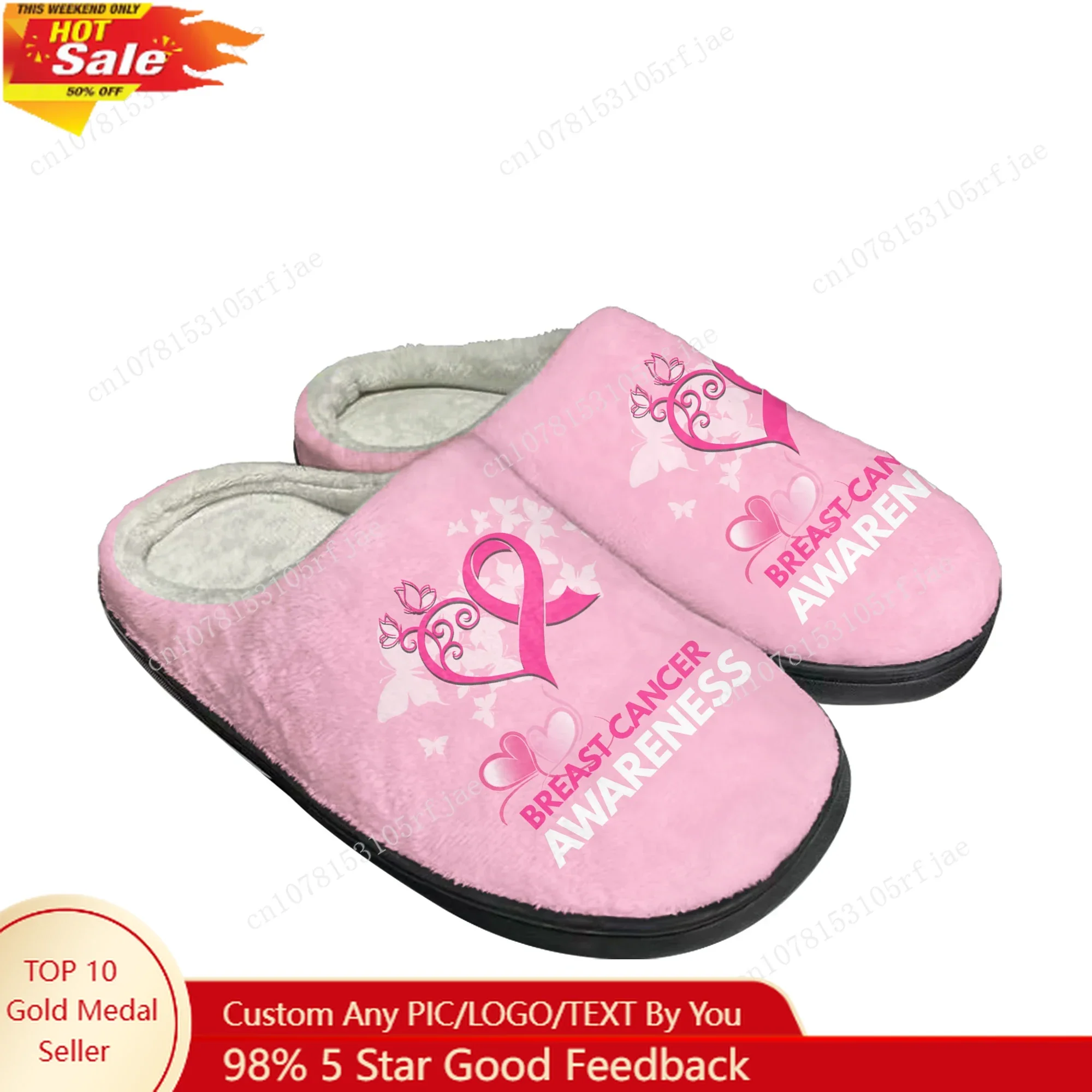 

Breast Cancer Awareness Pink Ribbon Home Cotton Slippers Mens Womens Plush Bedroom Casual Keep Warm Shoes Tailor Made Slipper