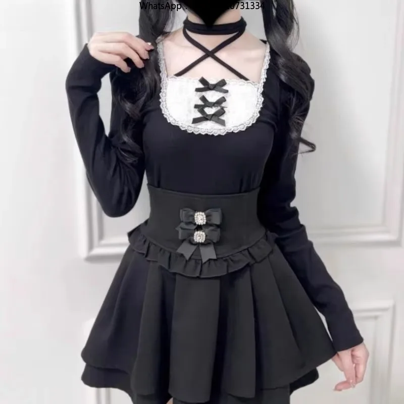 Women Sweet Lolita Blouse Square Collar Bow Long Sleeve Vintage Y2K Japanese Top