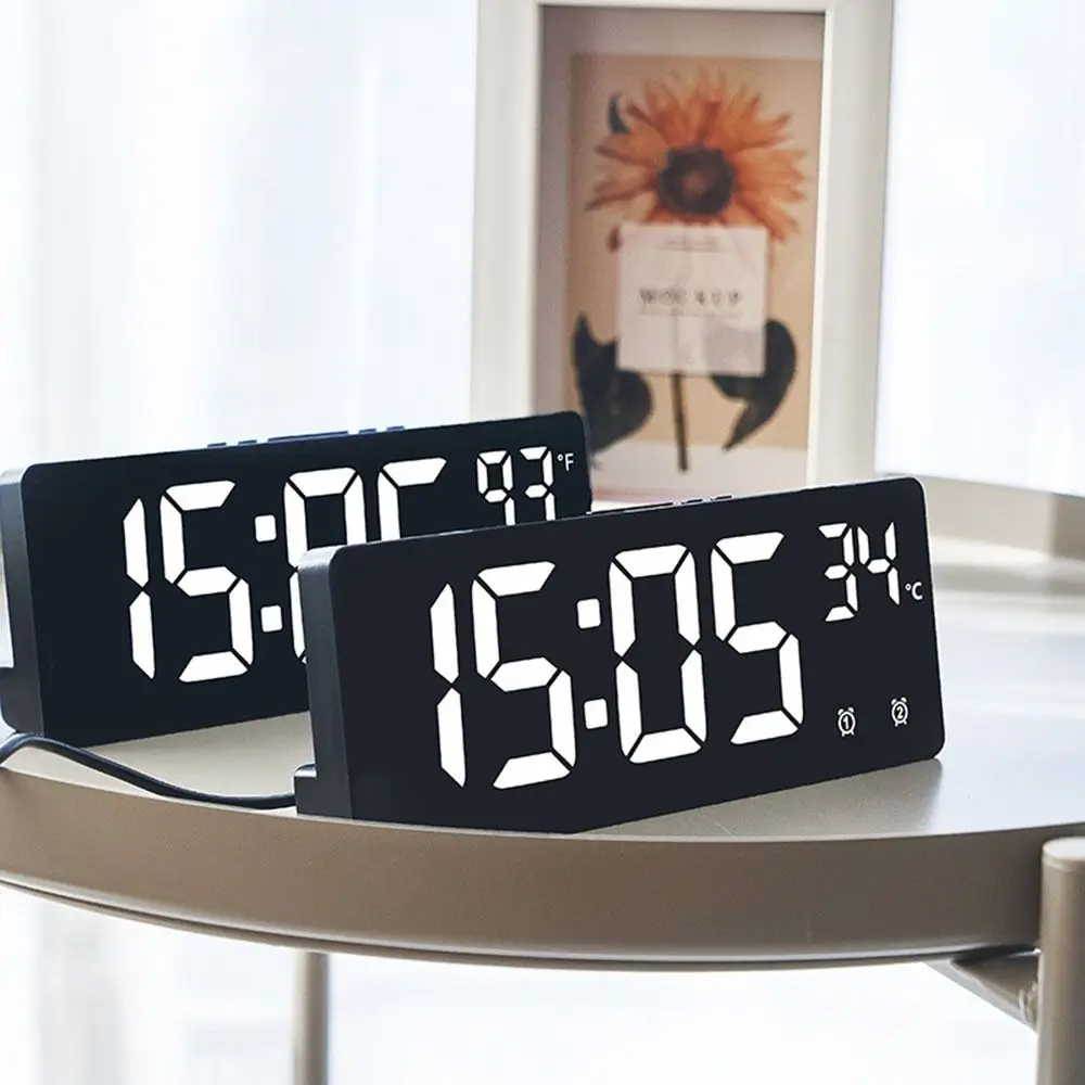 Digital Alarm Clock LED Mirror with Phone Holder Display Temperature Date Home Trip Bedside Clock