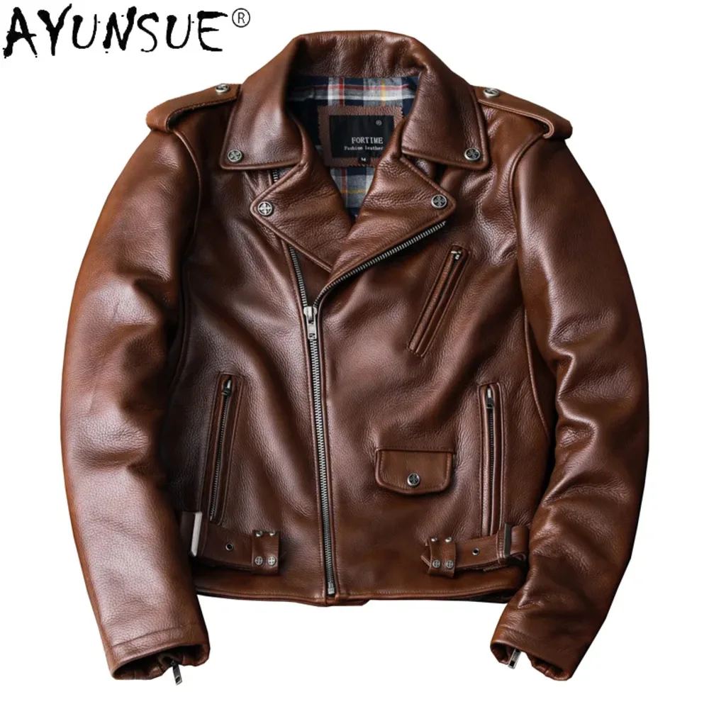 Genuine AYUNSUE Cow Leather Clothing Motorcycle Sheepskin Coat Autumn Spring Brown Biker Jacket for Men Style 2024 KJ