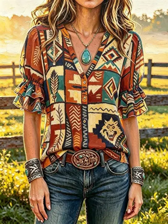 Camisa de Mujer Estilo Boho Western Cowgirl con Cuello en V, Botones Completos, Doble Volante, Manga Corta, Estampado Geométrico Tribal Navajo Vintage