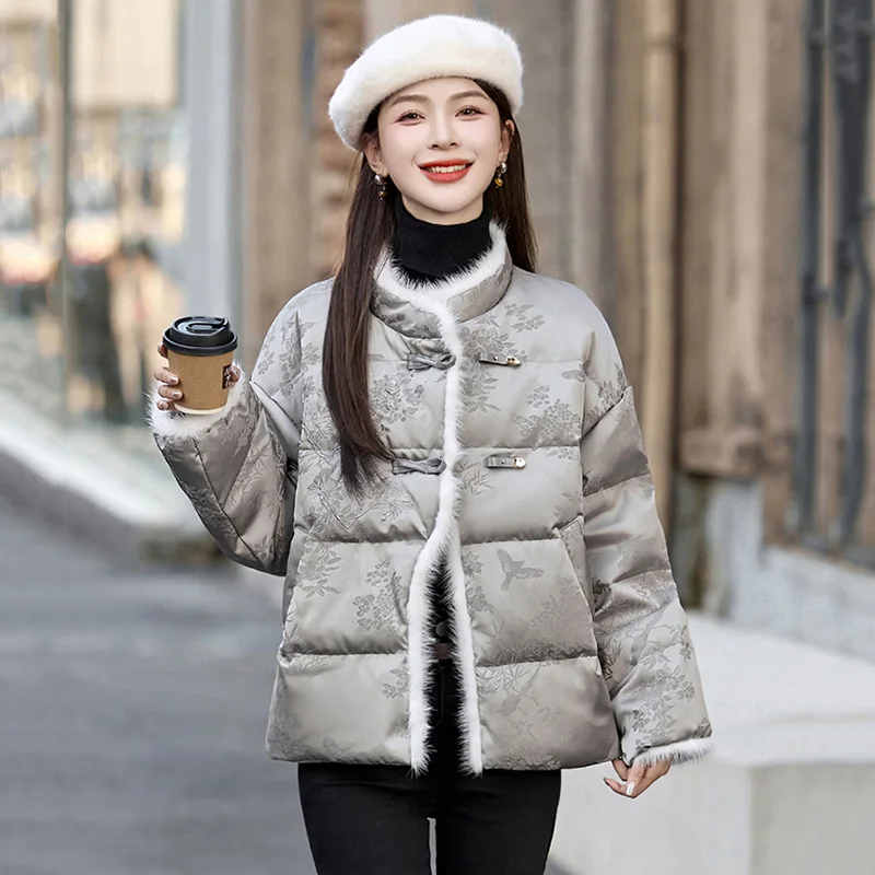 

New Women Autumn Winter Chinese Style Down Jacket Fashion Patchwork Mink Fur Loose Thick Jacket Elegant Exquisite Short Coat