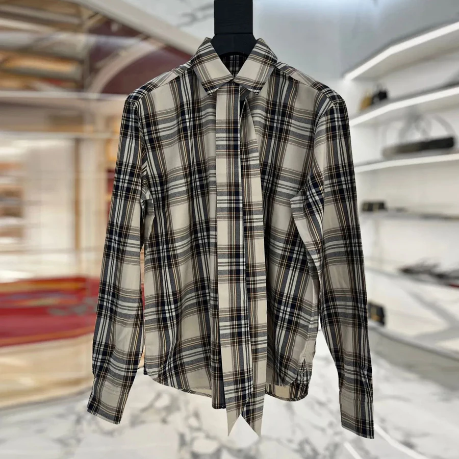 

2025 New Old Money Aesthetic Women Shirt Long Sleeve Fashion Lace-up Vintage Plaid Striped Tops