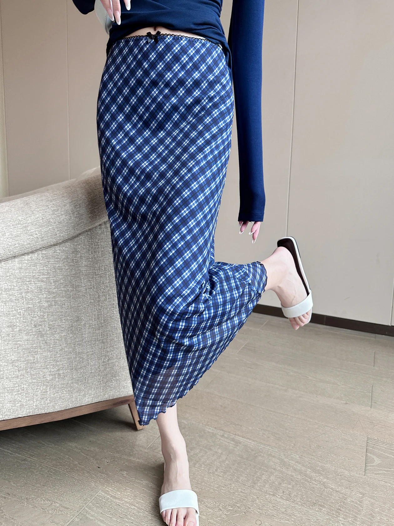 

Синяя клетчатая юбка миди А-силуэта с высокой талией, женская, весна 2026, новая, винтажная, с внутренними шортами