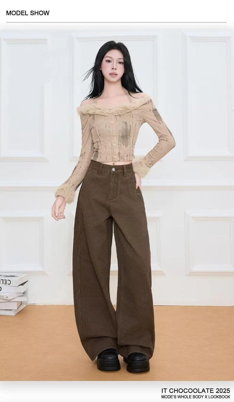 Celana jeans coklat melengkung bergaya retro Amerika yang serbaguna dan baru, cocok untuk pria dan wanita, celana longgar berkaki lebar bergaya Y2k Harajuku