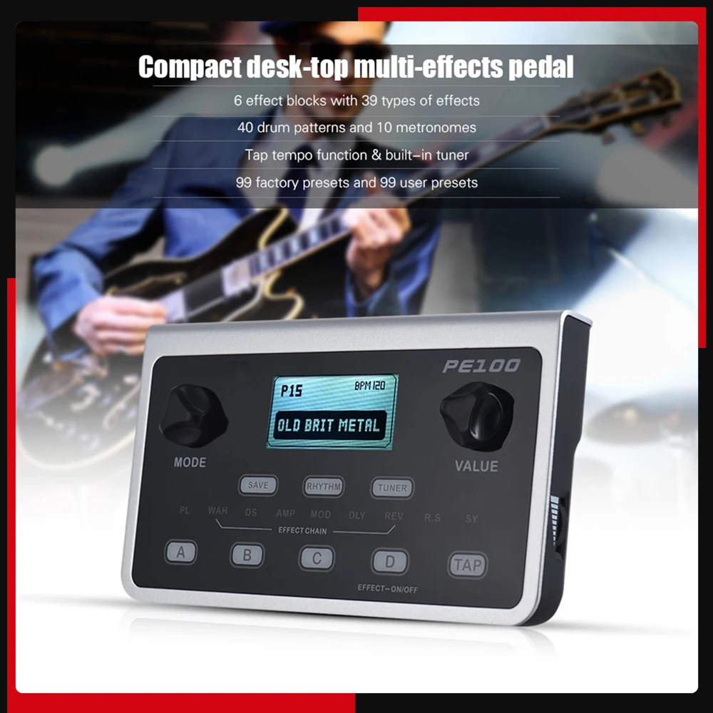 Interessanter tragbarer Multieffektprozessor MOOER PE100, Gitarreneffektpedal, 39 Effekte, 40 Trommelmuster, 10 Metronomen, Tap Tempo