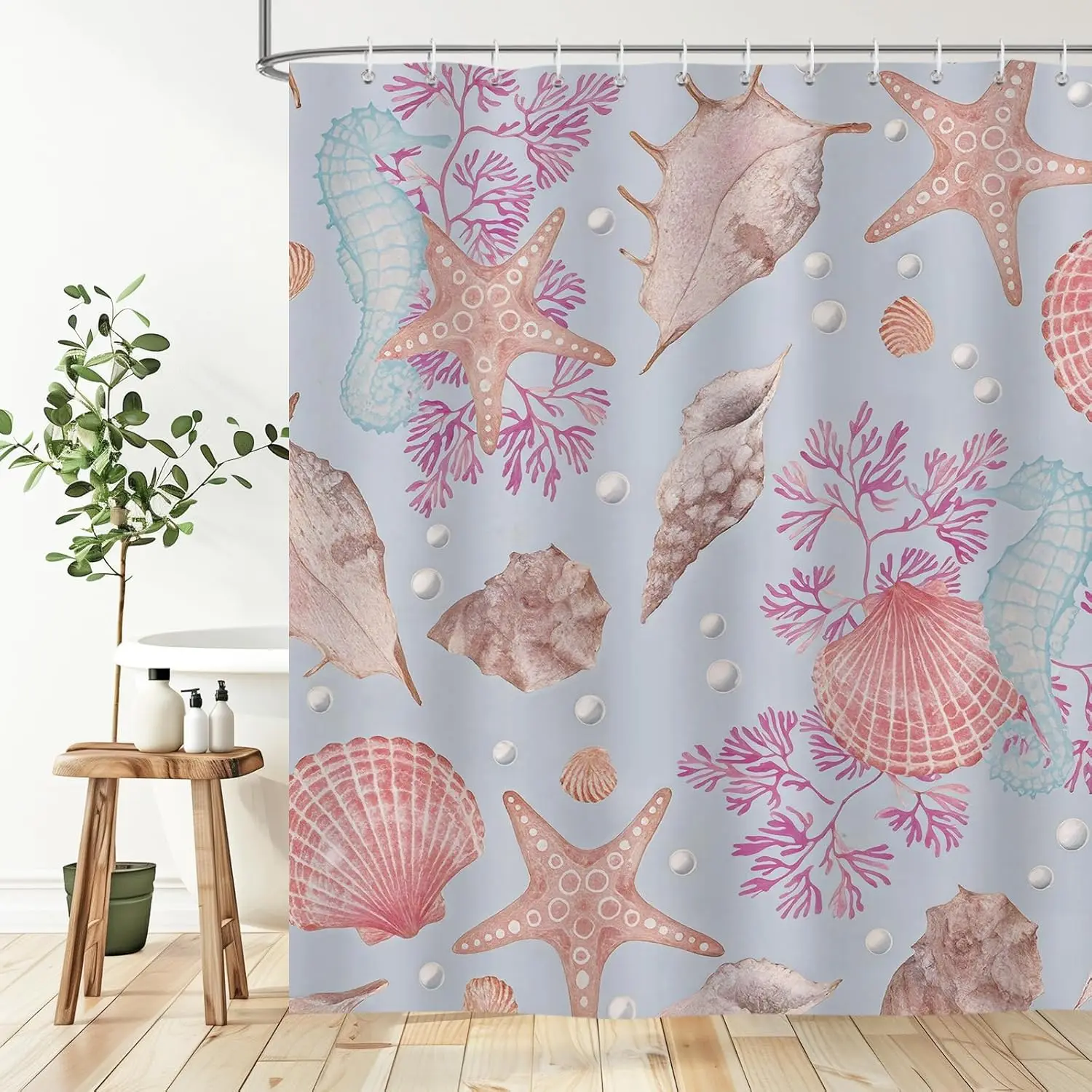 Nautical Coastal Shower Curtain, Beach Ocean Themed Shower Curtain Coastal Starfish Seahorse Seashells Coral Vintage Waterproof