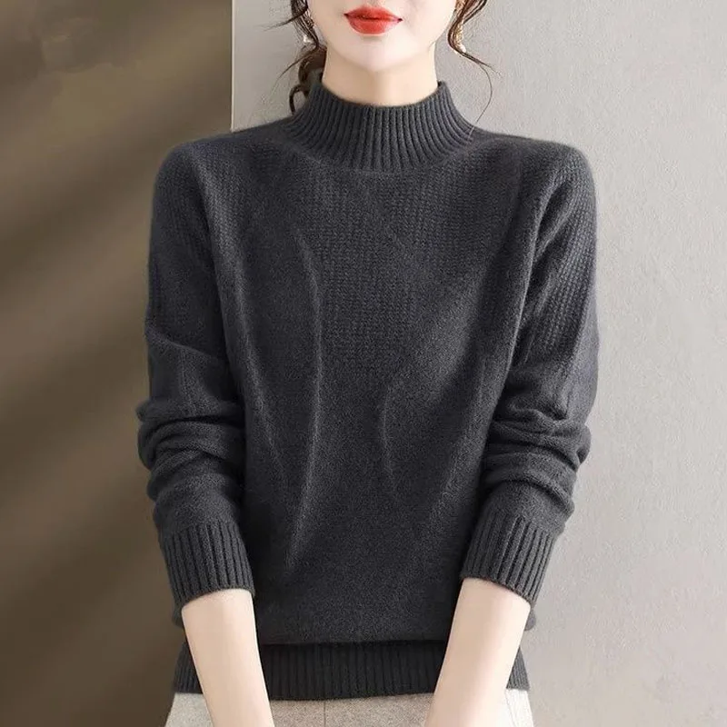 Winter Fashion Loose Thickened Half High Neck Solid Color Versatile Temperament Reduced Age Knitted Long Sleeve Women\'s Sweater